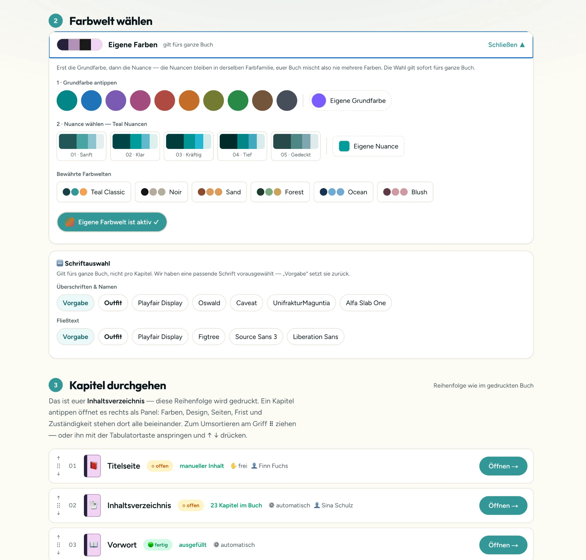 Farbwelt & Schrift wählen in der AK Hoodies® Abibuch-App