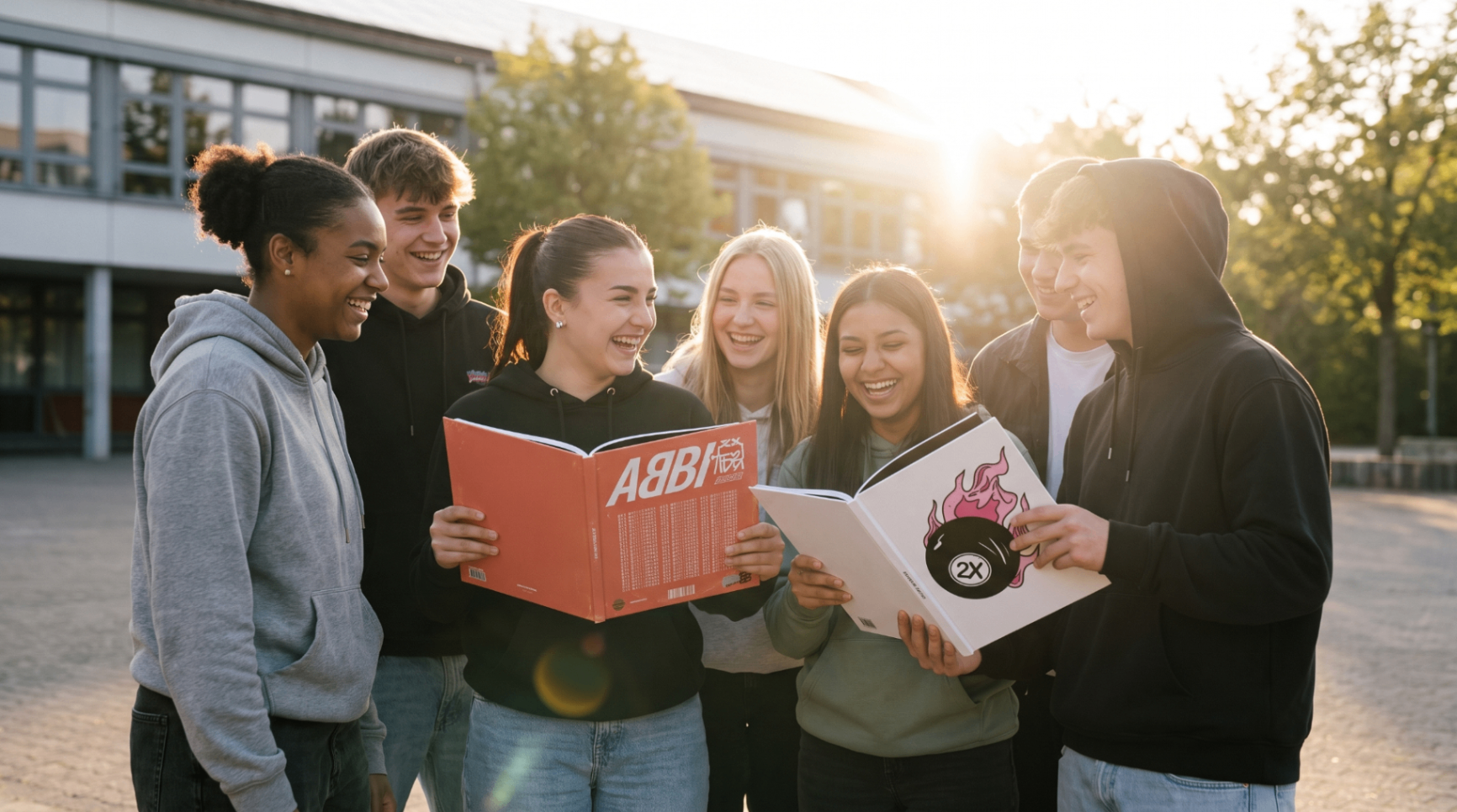 Sechs Schüler:innen im Schulhof blättern gemeinsam in ihrer Abizeitung