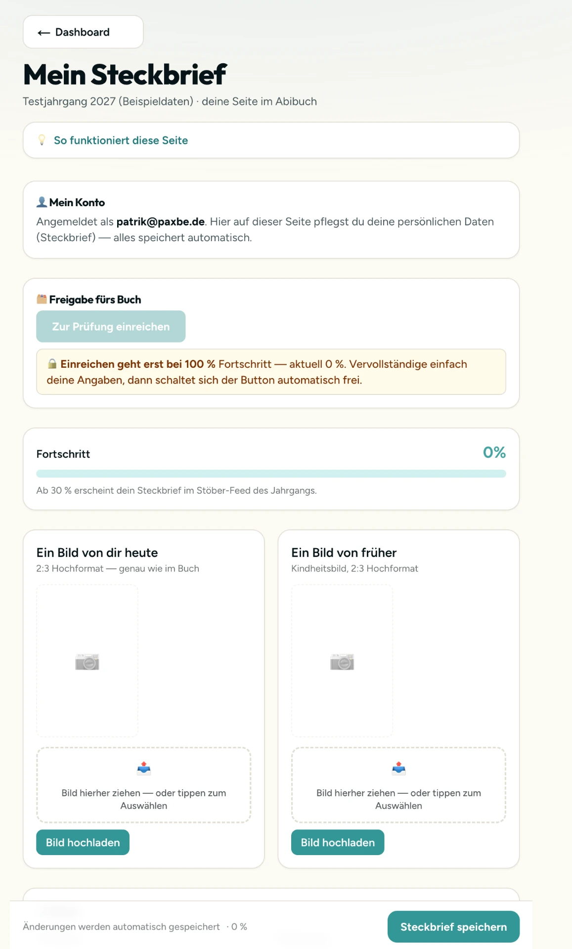 Steckbrief-Seite mit Fortschritt und Bild-Upload